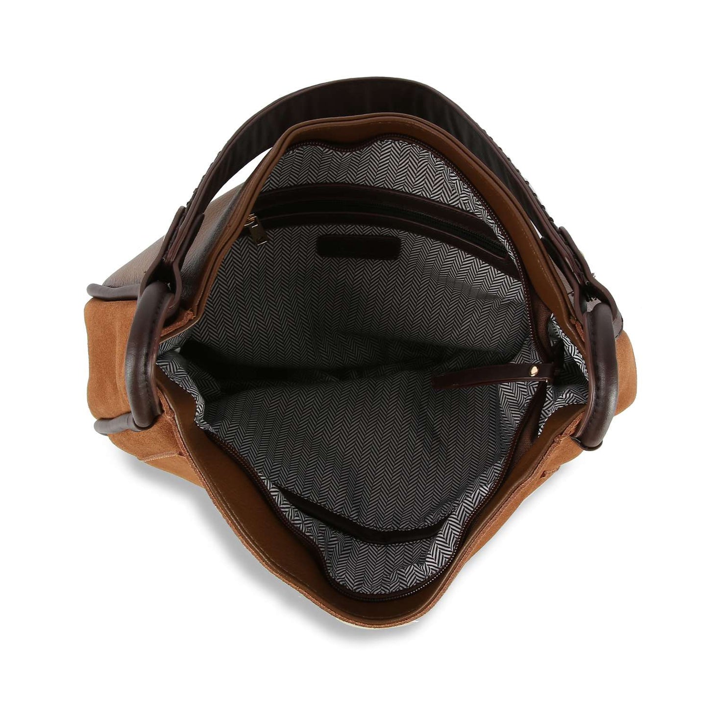 Brown leather bag with a textured interior on a white background