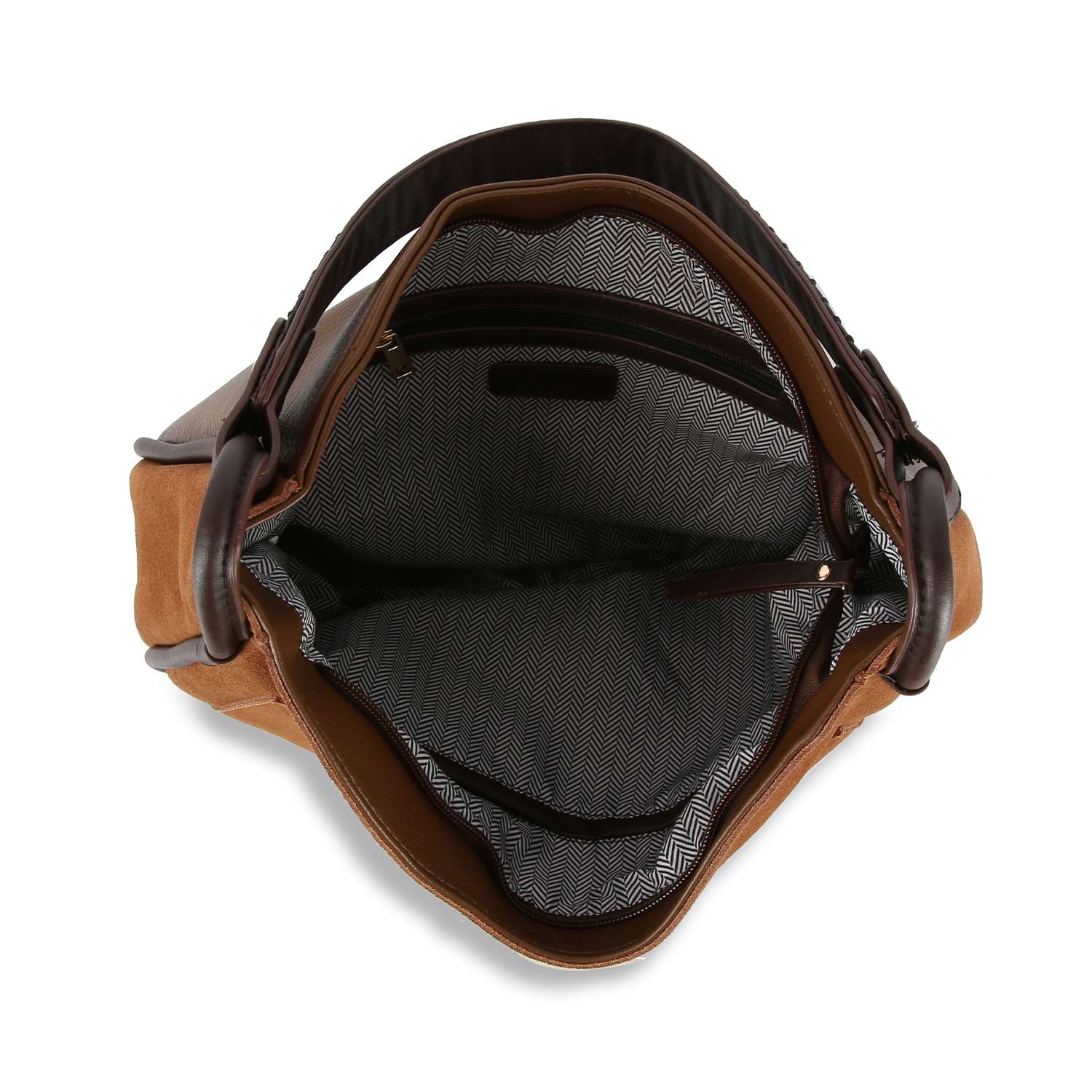 Brown leather bag with a textured interior on a white background