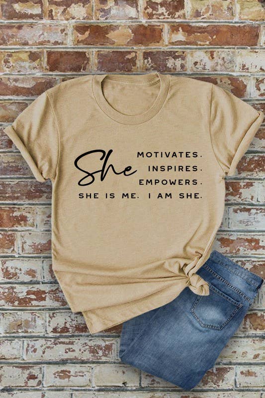 She Motivates, Inspires, Empowers, She Is Me, I Am She, Unisex Round Neck T-Shirt: Black