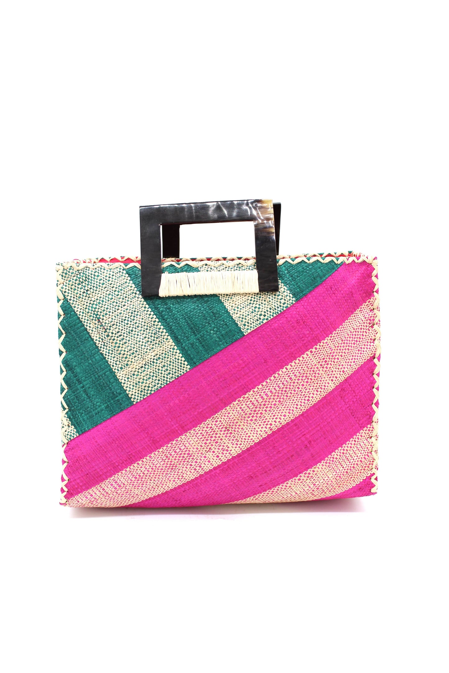 Double Stripes Raffia Straw Handbag w/ Horn Handles