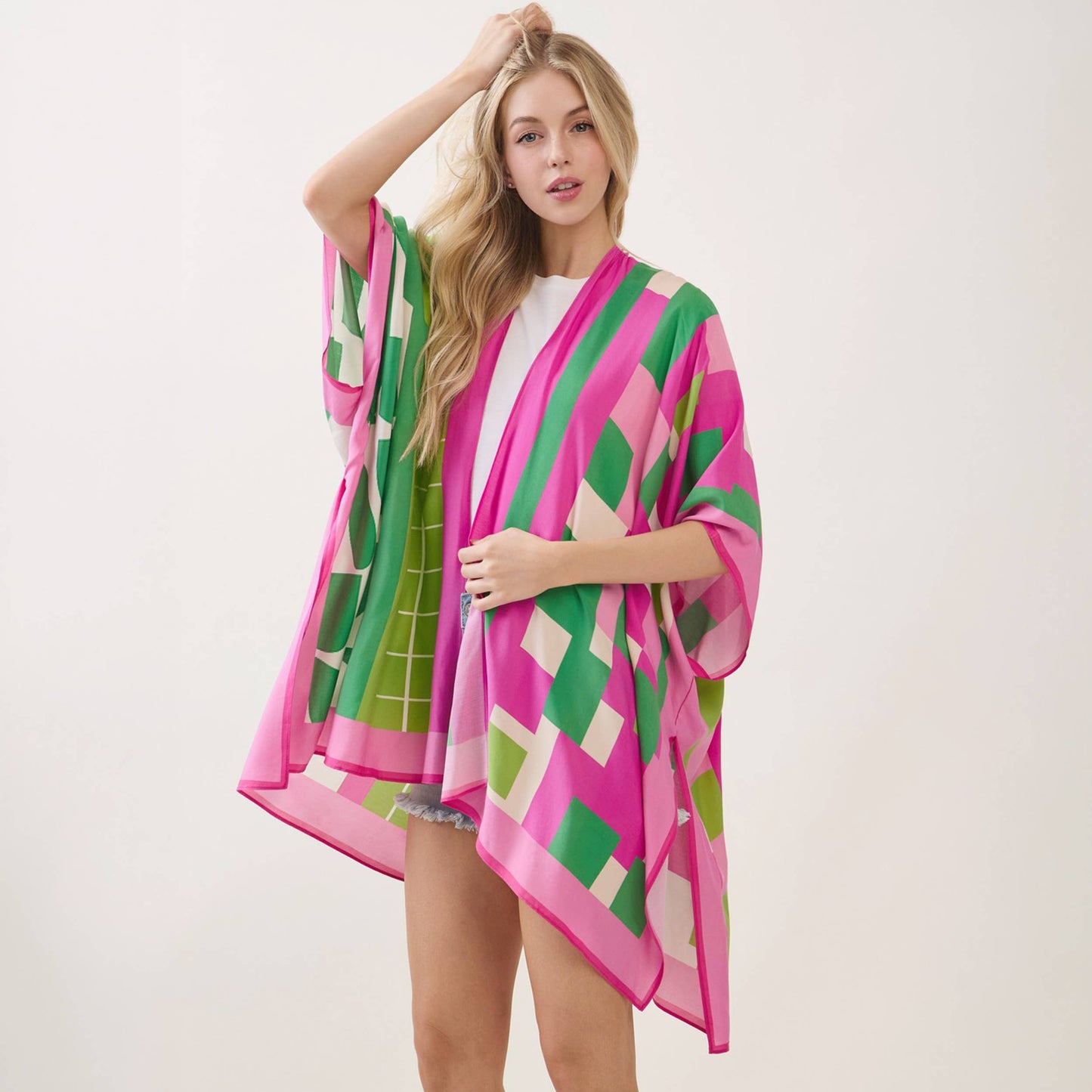 Geometric Pattern Mixed Print Kimono Cover Up