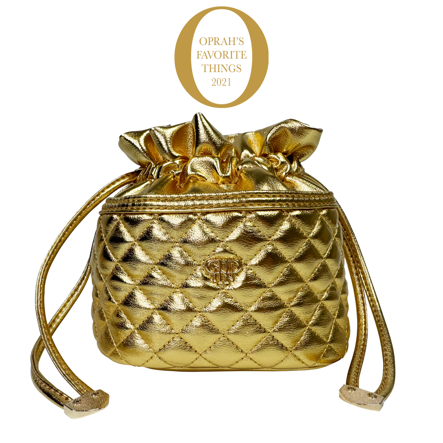 Gold quilted handbag with drawstring on a white background, featuring 'Oprah's Favorite Things 2021' logo.