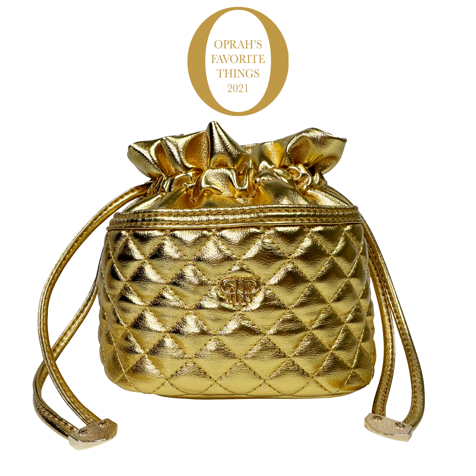 Gold quilted handbag with drawstring on a white background, featuring 'Oprah's Favorite Things 2021' logo.