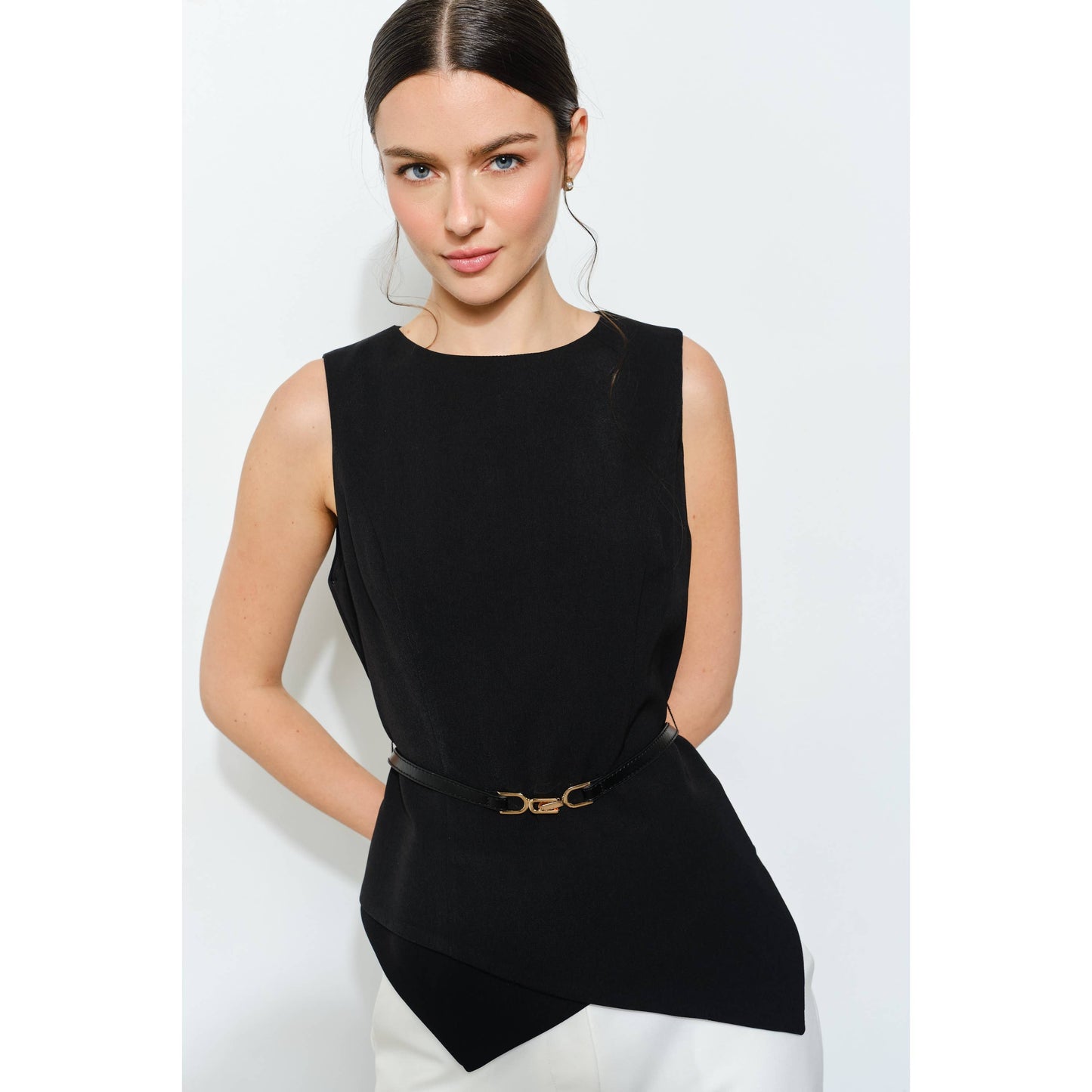Luxe Belted Asymmetric Hem Sleeveless Blouse Top: BLACK