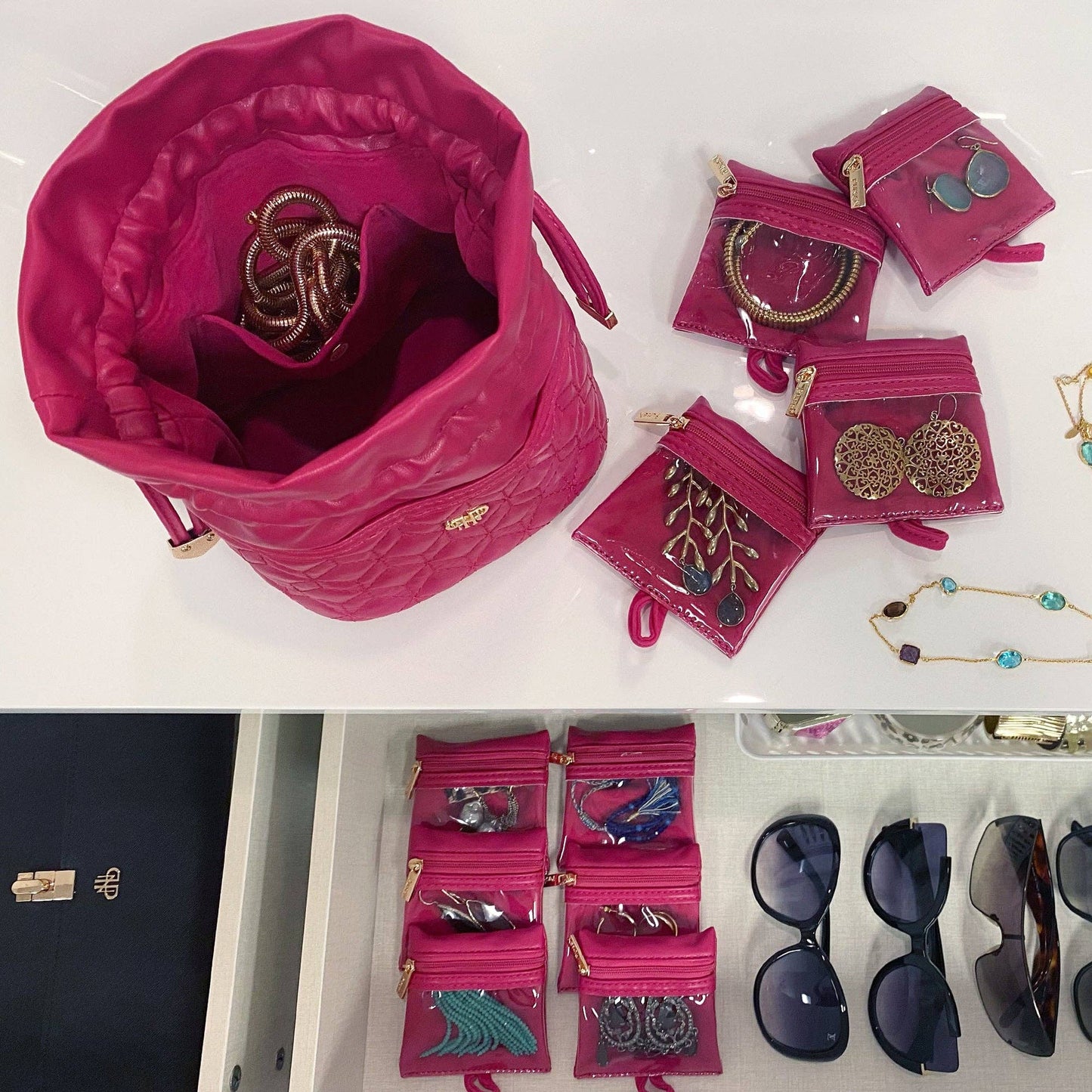 Pink jewelry organizer with jewelry items on a white surface