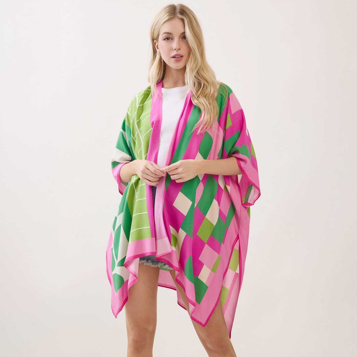 Geometric Pattern Mixed Print Kimono Cover Up