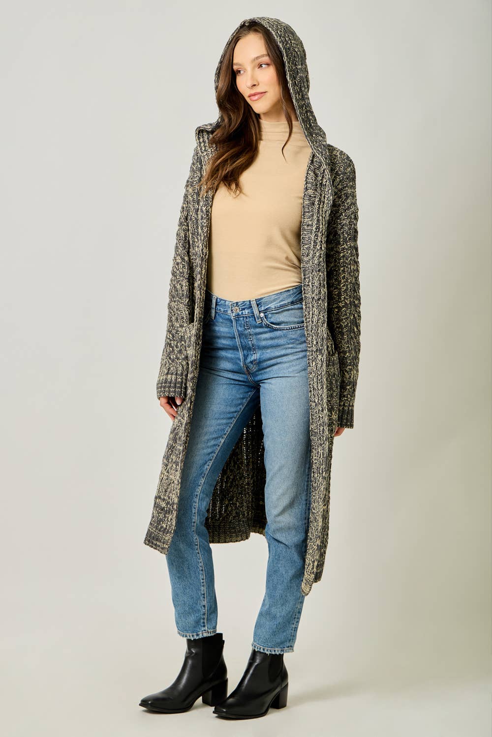 Sweater Open Long Hooded Cardigan D: Melange Charcoal / Small
