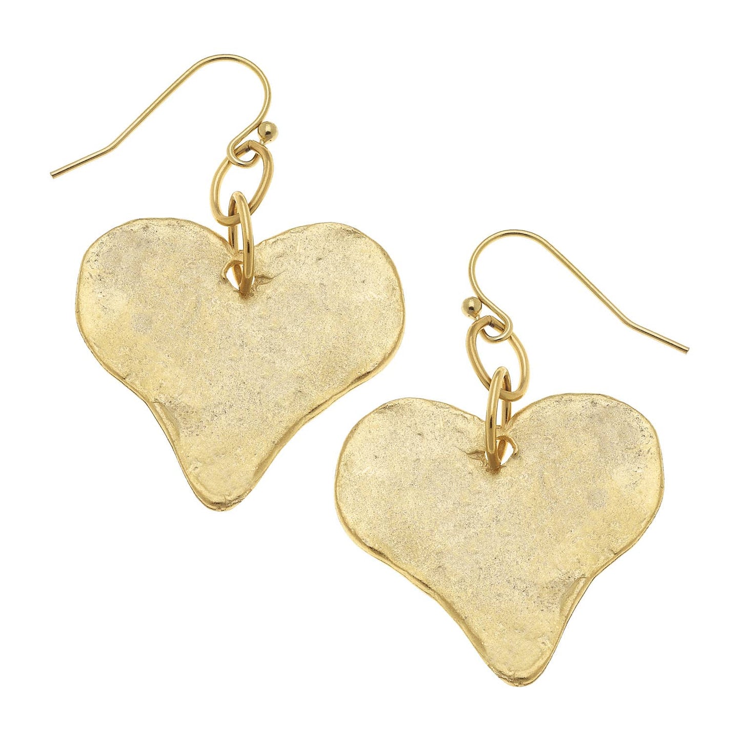 A pair of textured gold heart-shaped dangle earrings with fishhook wires, shown on a plain white background.