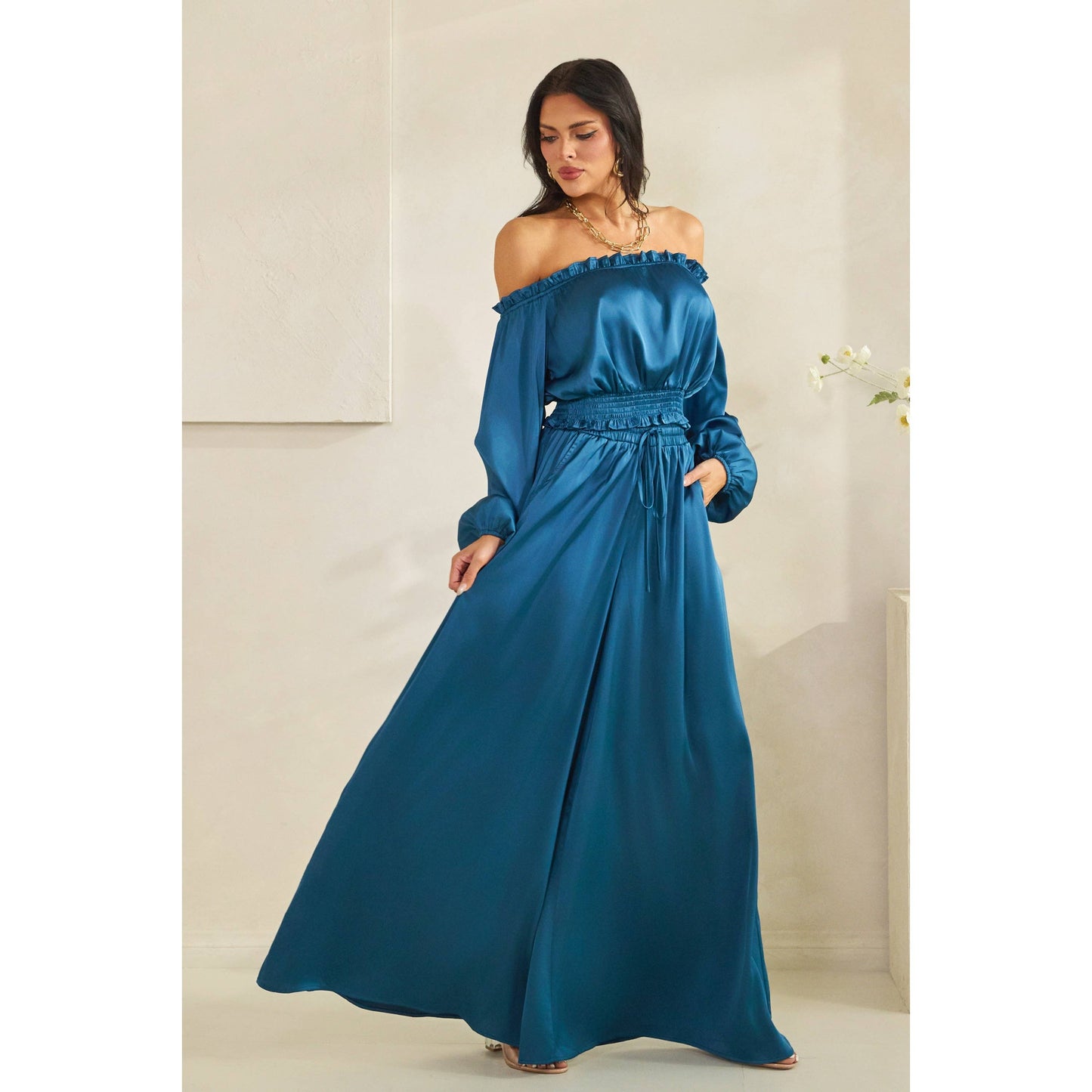 Satin Off-Shoulder Palazzo Pants Set | Women's Two-Piece Outfit | B'Jeweled Jewelry & Accessories