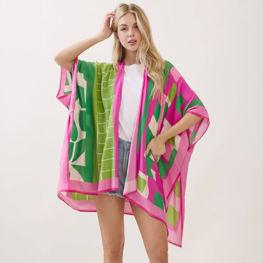 Geometric Pattern Mixed Print Kimono Cover Up