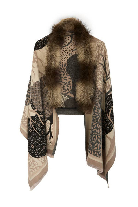 Scarf with pattern and fur trim on a white background