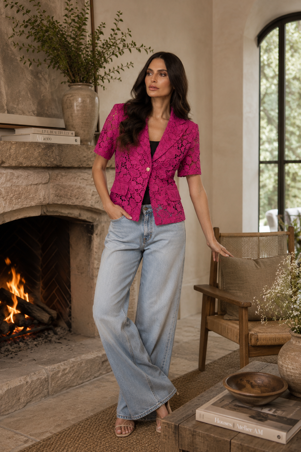 Floral Lace Short Sleeve Blazer Jacket