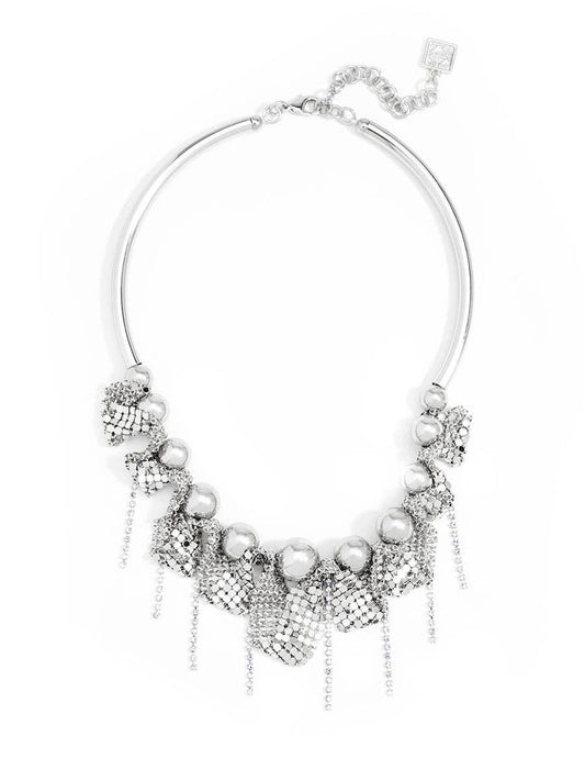 Silver necklace with pearls and beads on a white background