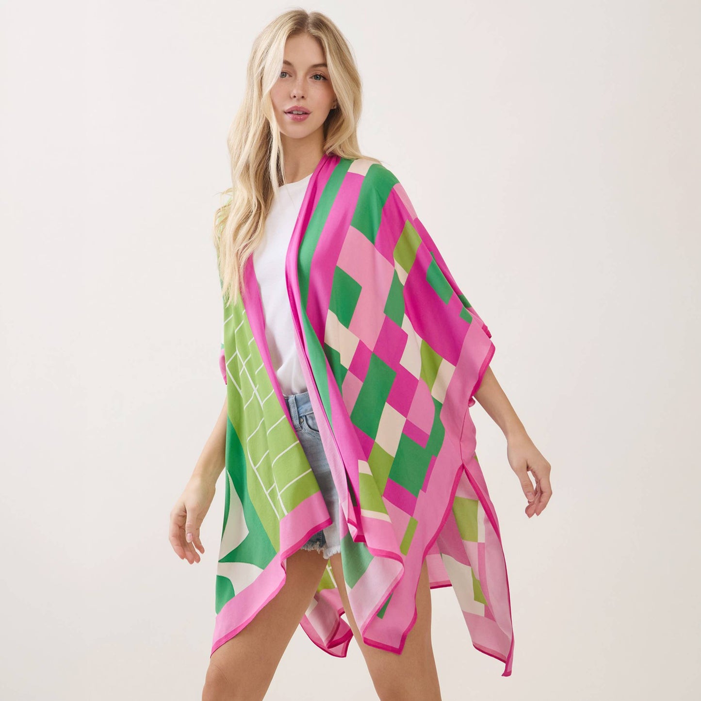 Geometric Pattern Mixed Print Kimono Cover Up
