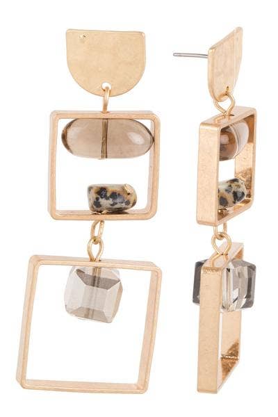 Gold earrings with square and rectangular shapes and embedded stones on a white background