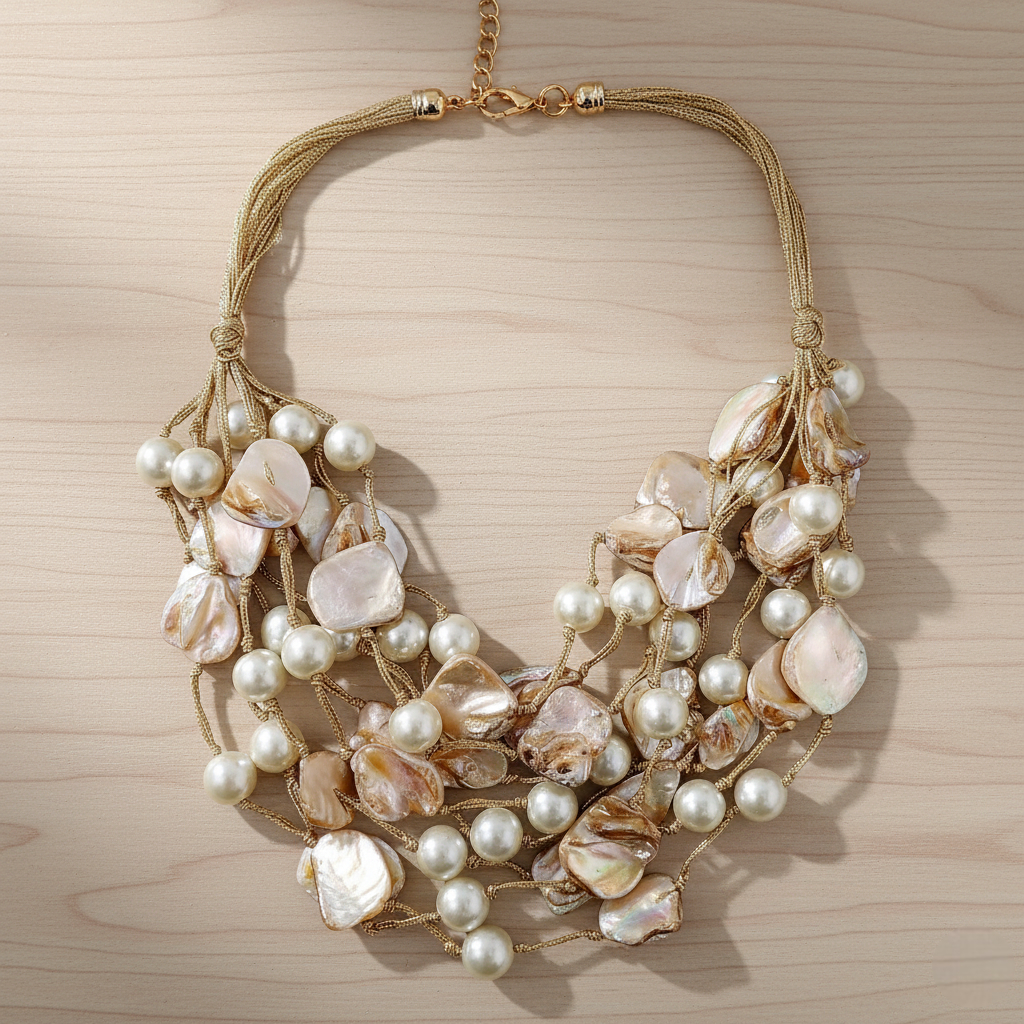Necklace with pearls and shell-like beads on a wooden surface