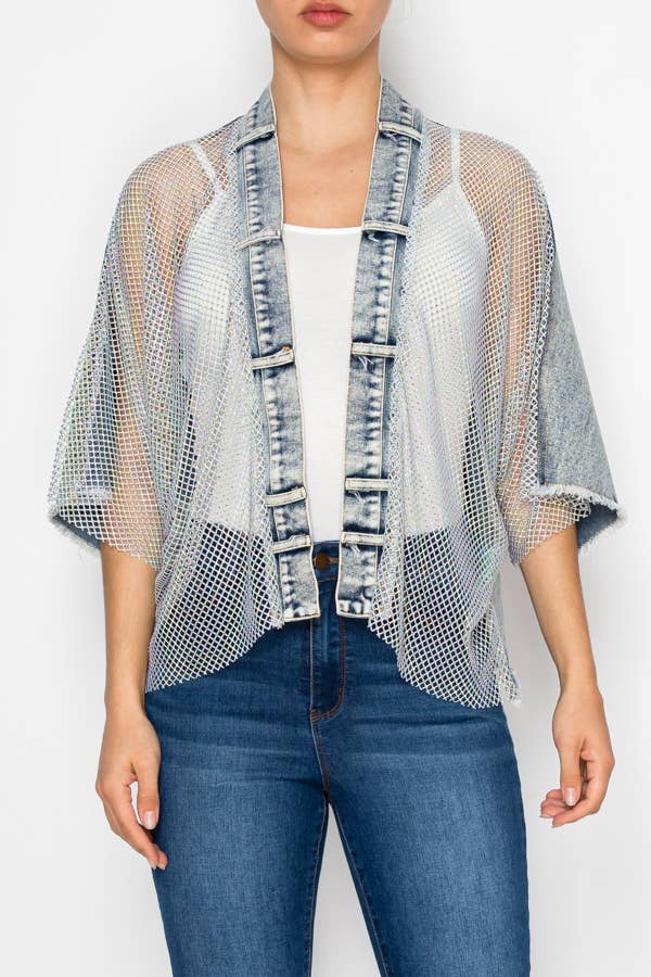 Denim & Crystal Mesh Statement Jacket