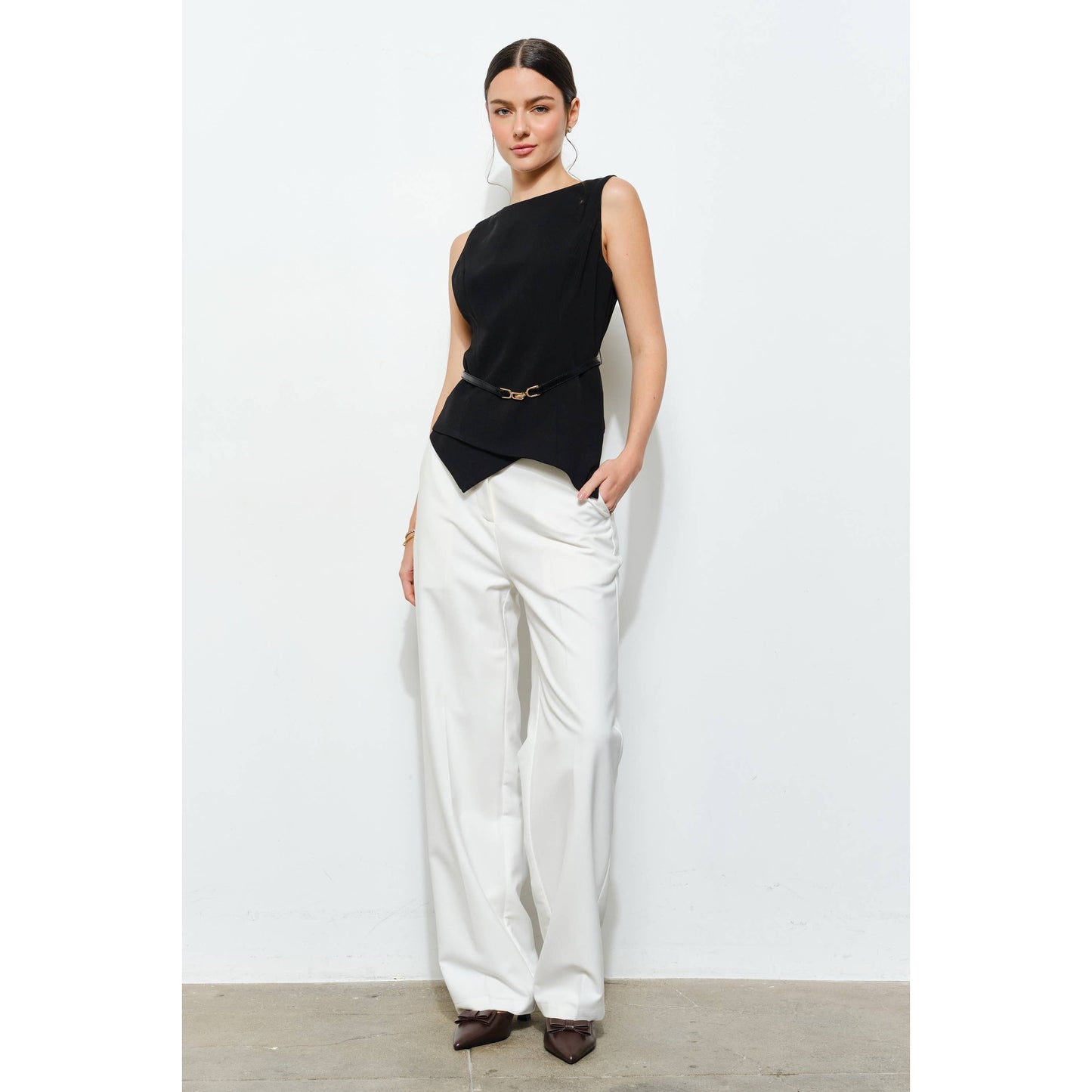 Luxe Belted Asymmetric Hem Sleeveless Blouse Top: BLACK