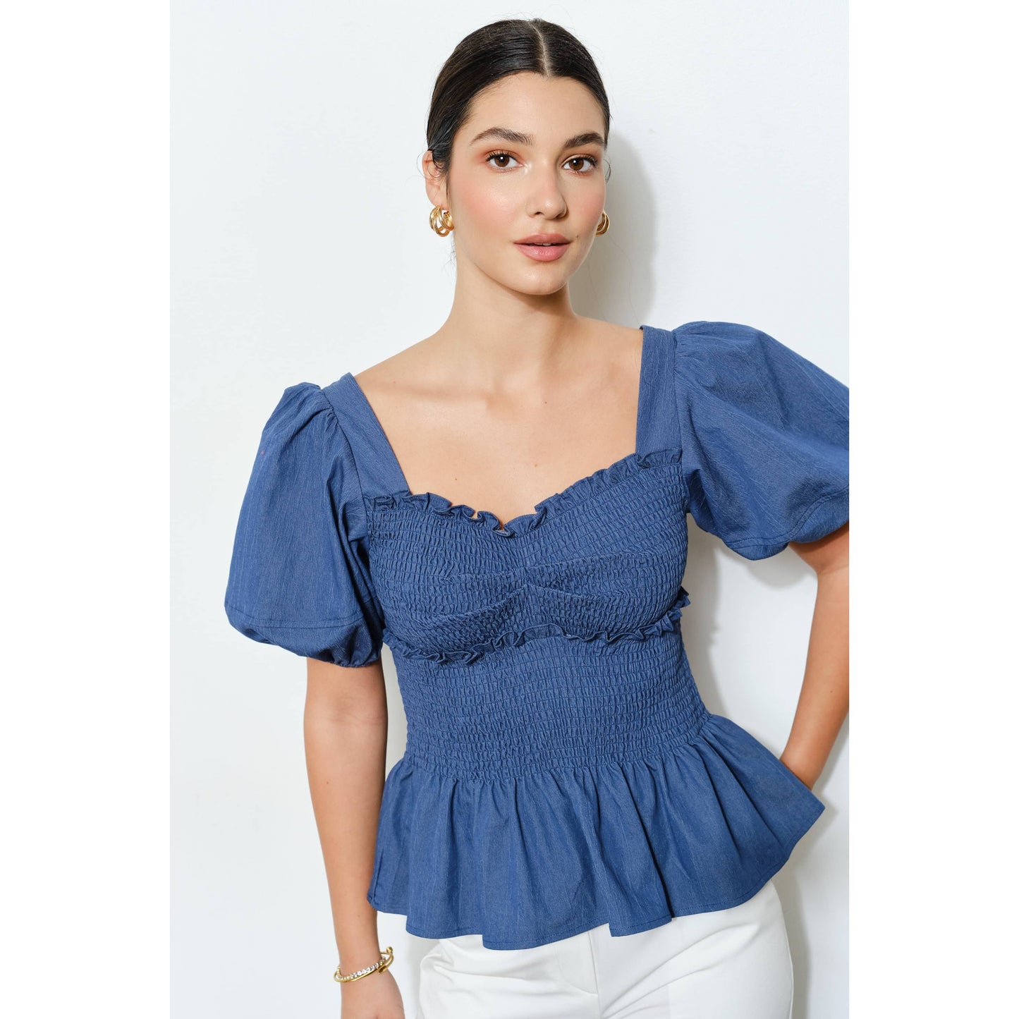 Stretch Denim Sweetheart Bubble Sleeve Top