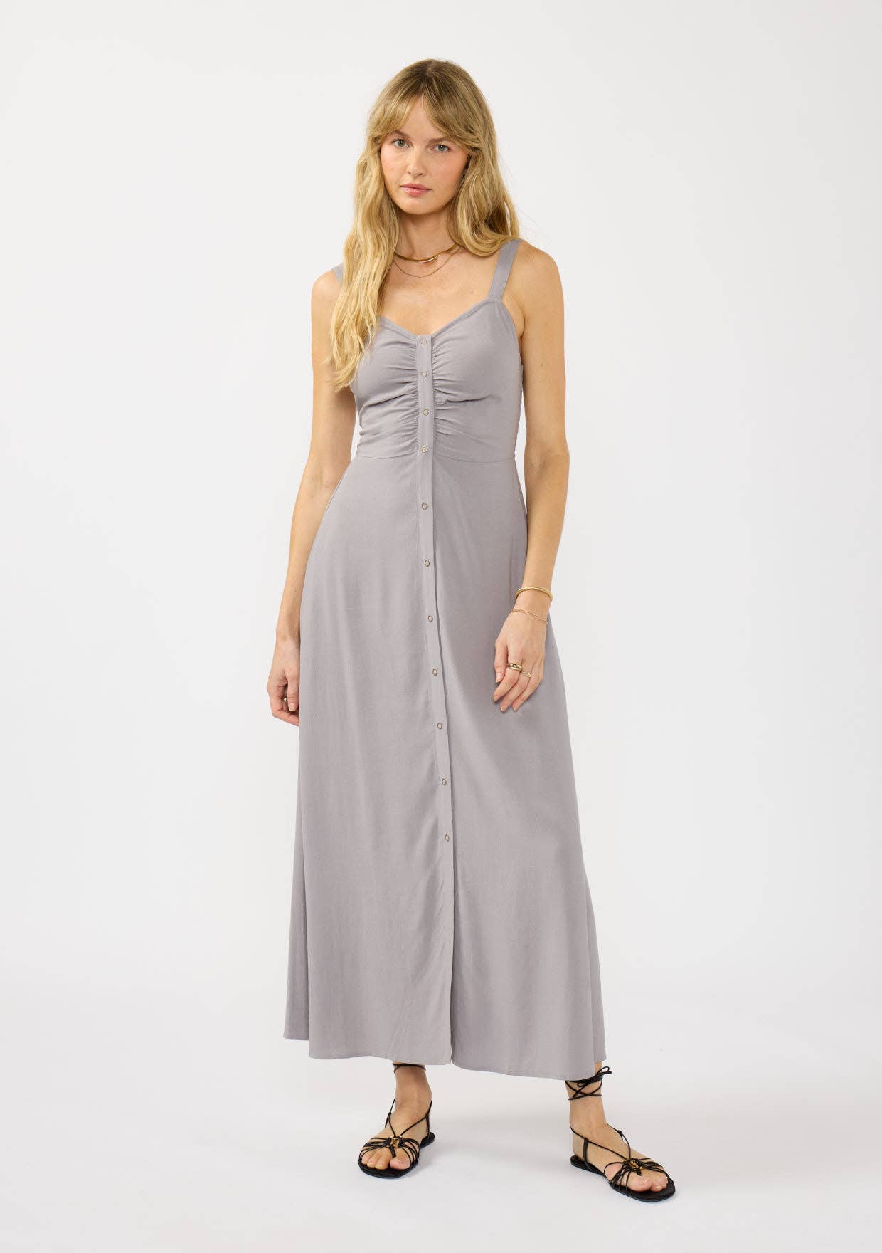 V-Neck Ruched Button Down Maxi Dress: Tomato