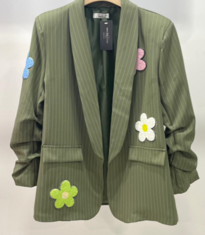 Italian Striped 3D Floral Blazer – Olive, Blue & Purple