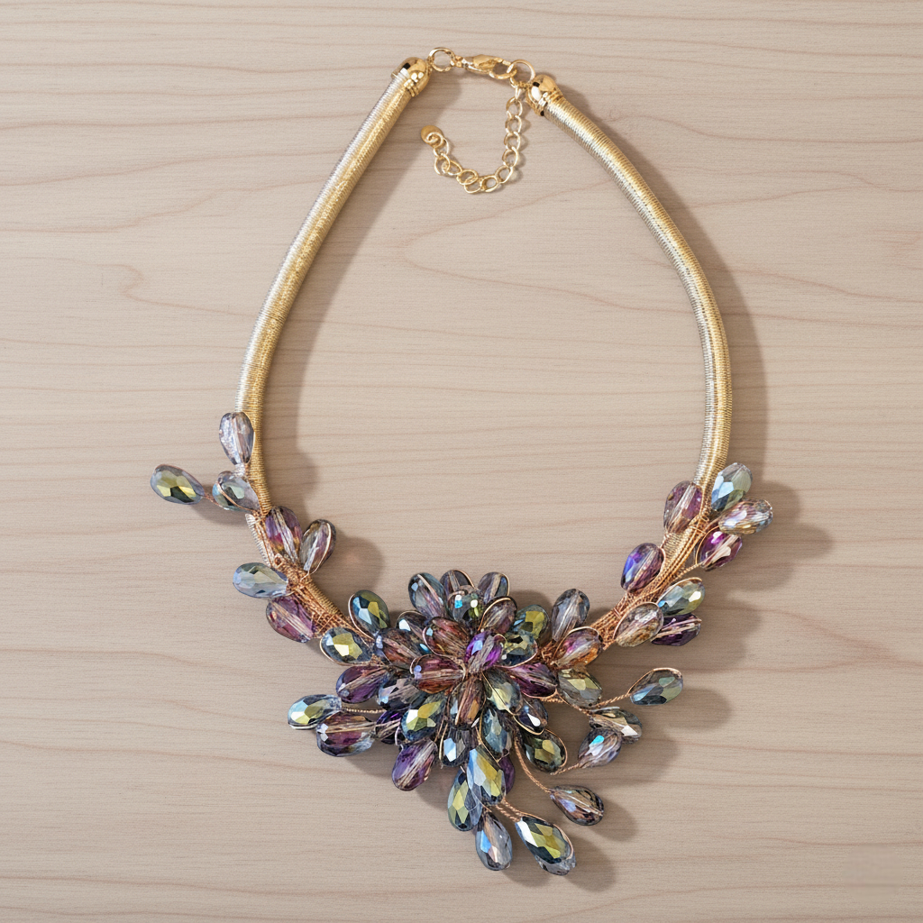 Gold necklace with colorful gemstones on a wooden surface