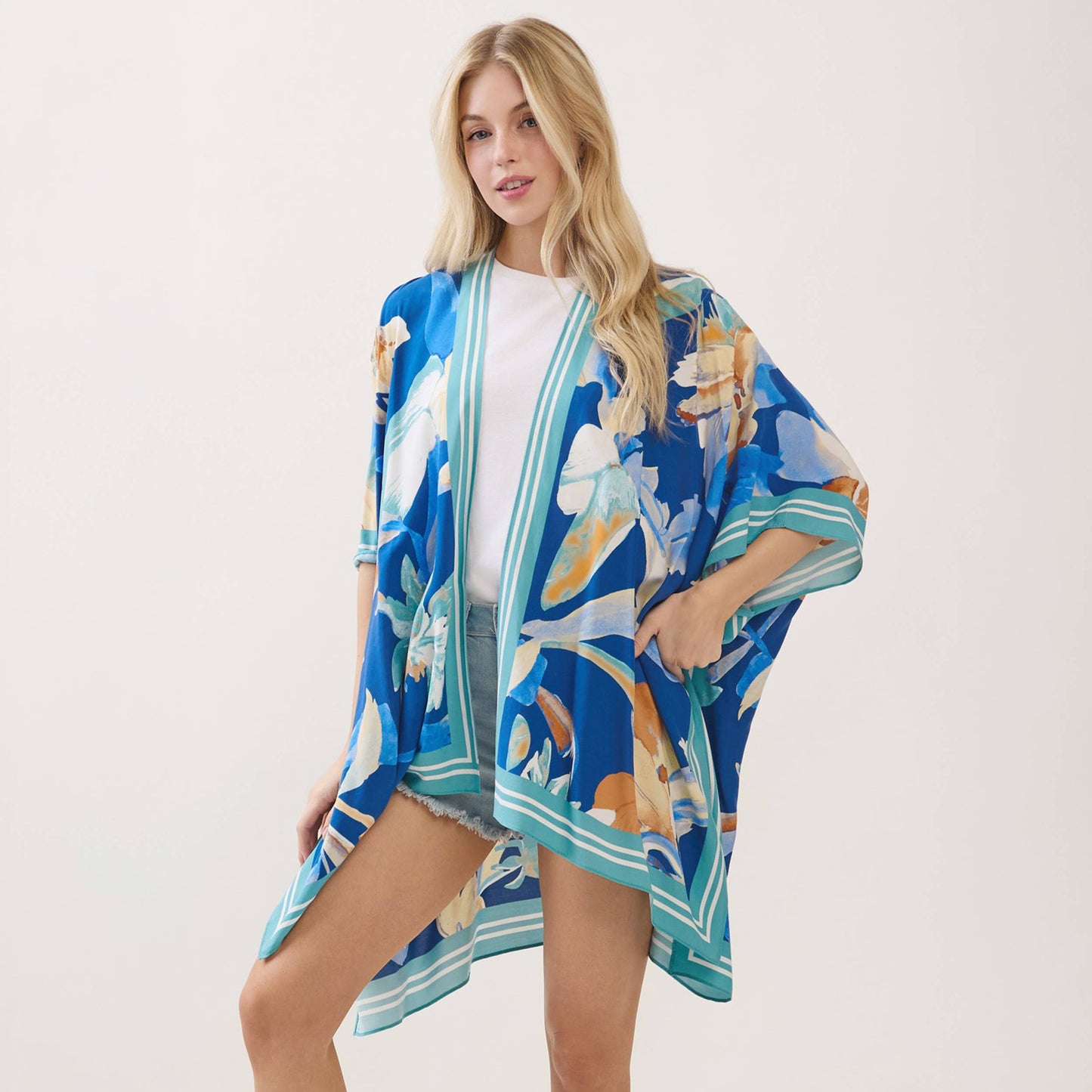 Bohemian Floral Print Kimono Cover Up: Blue