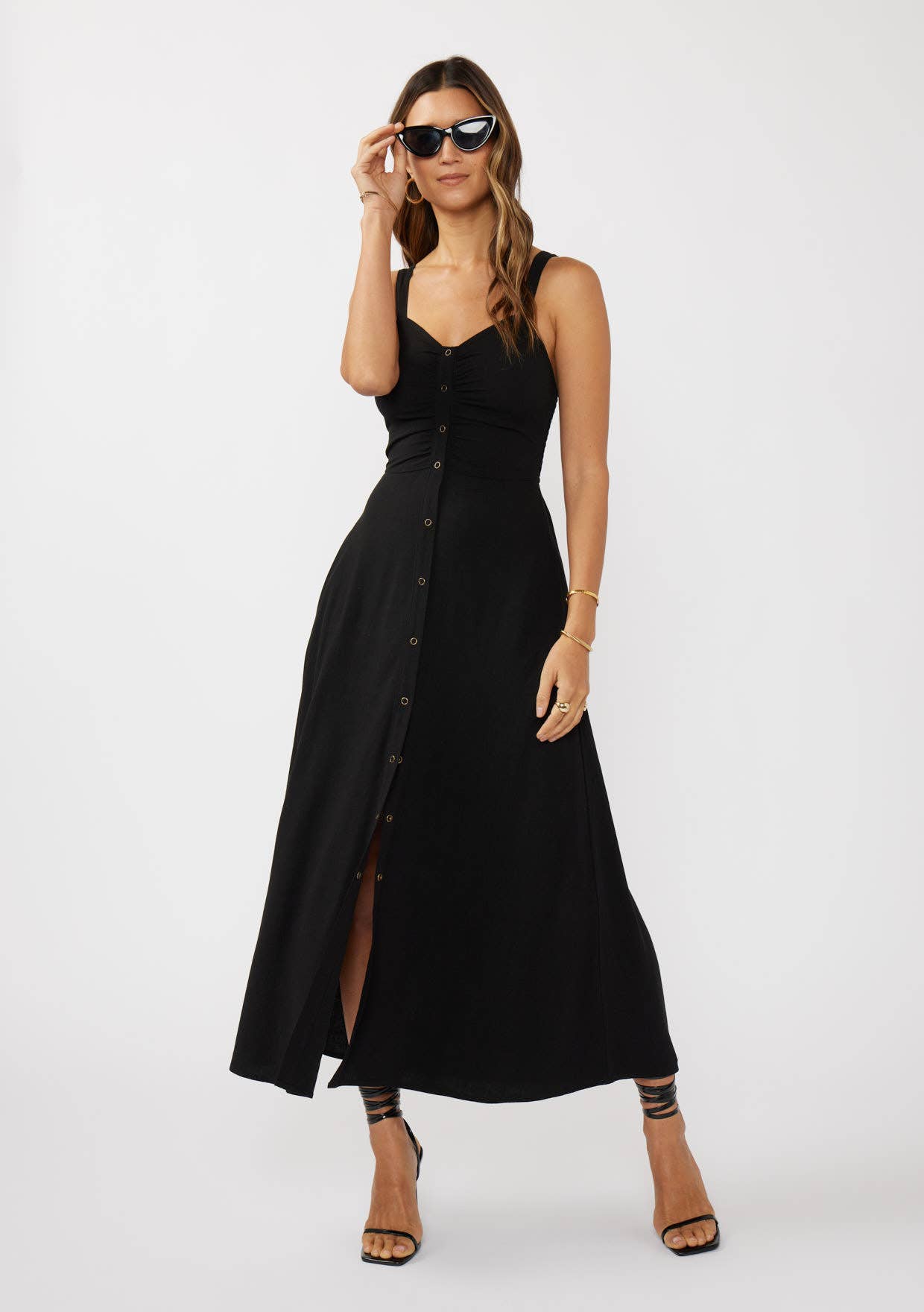 V-Neck Ruched Button Down Maxi Dress: Tomato
