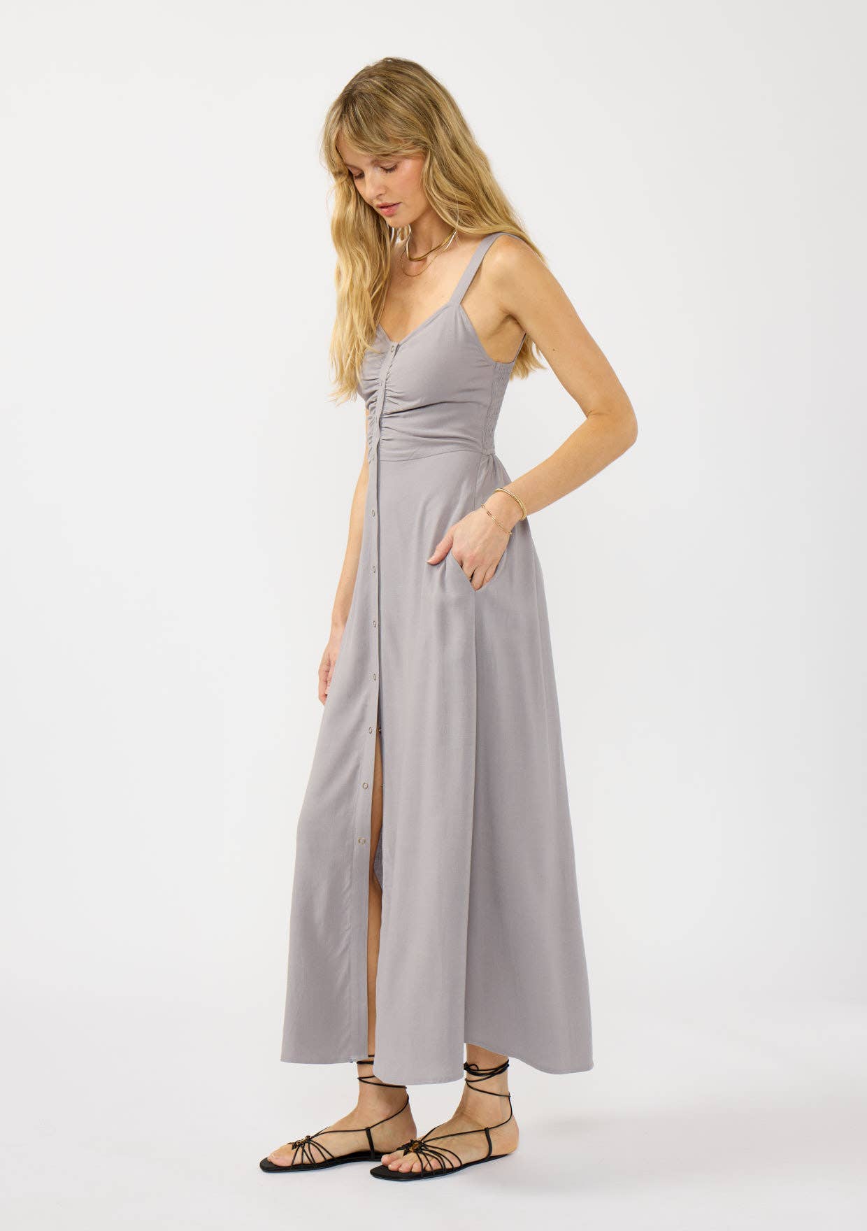 V-Neck Ruched Button Down Maxi Dress: Tomato