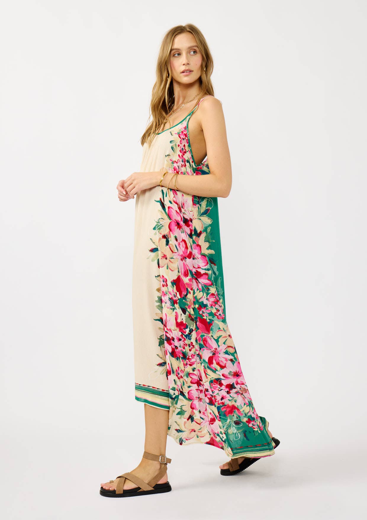 Spaghetti Strap High-Low Cover-Up Maxi Dress: IVORY/GREEN