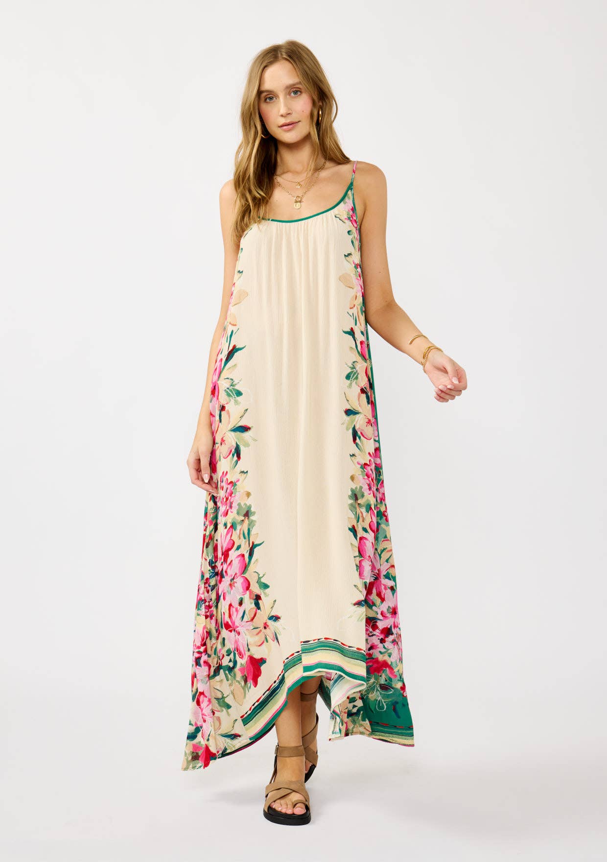 Spaghetti Strap High-Low Cover-Up Maxi Dress: IVORY/GREEN