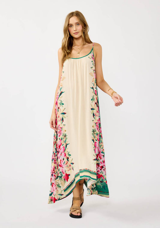 Spaghetti Strap High-Low Cover-Up Maxi Dress: IVORY/GREEN