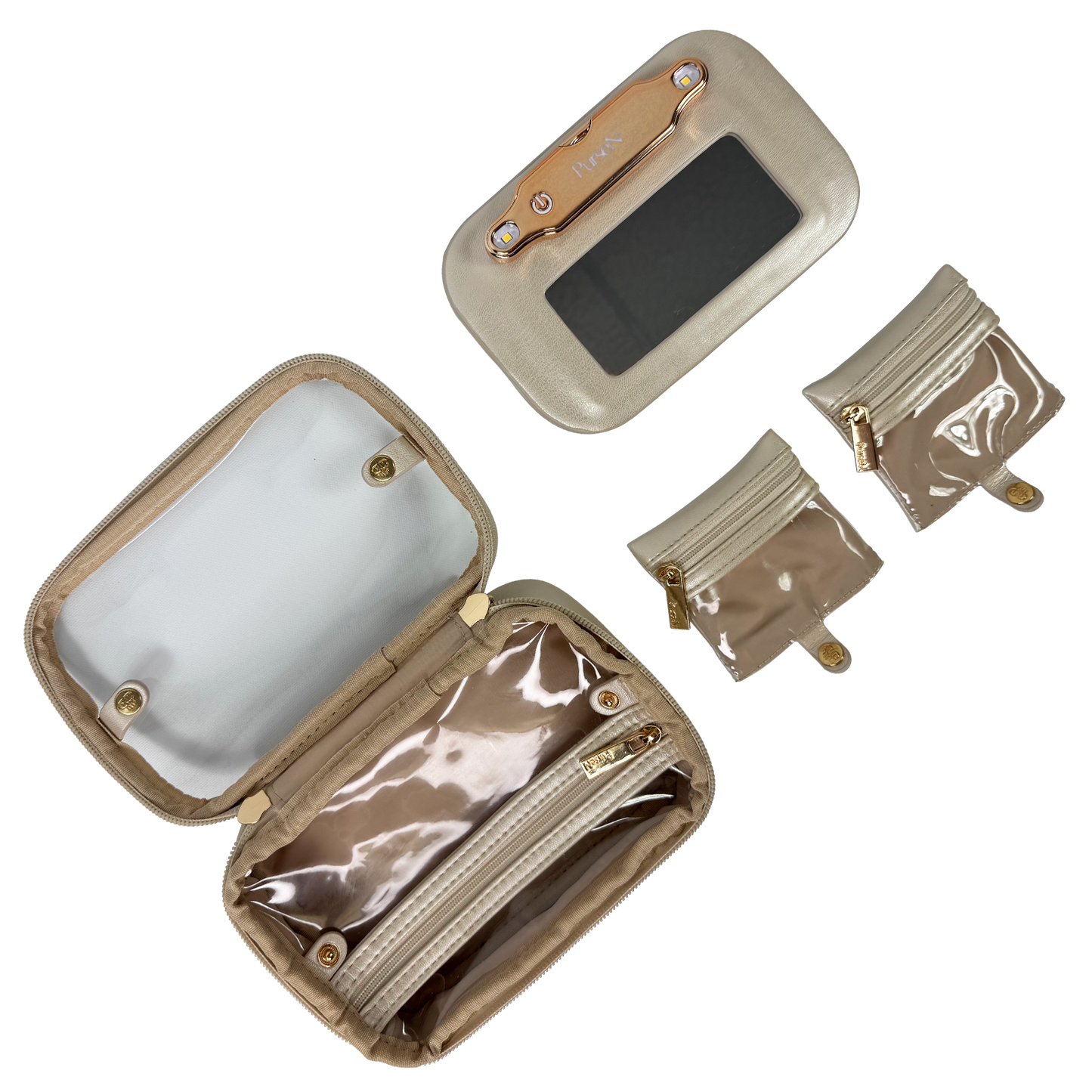 Beige travel accessory set with open pouch, small bag, and clear pouches on a white background