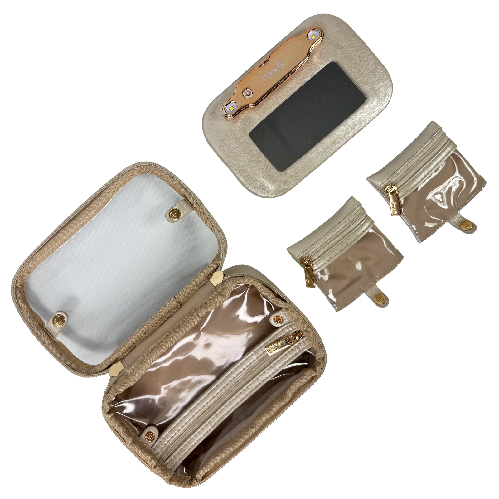 Beige travel accessory set with open pouch, small bag, and clear pouches on a white background