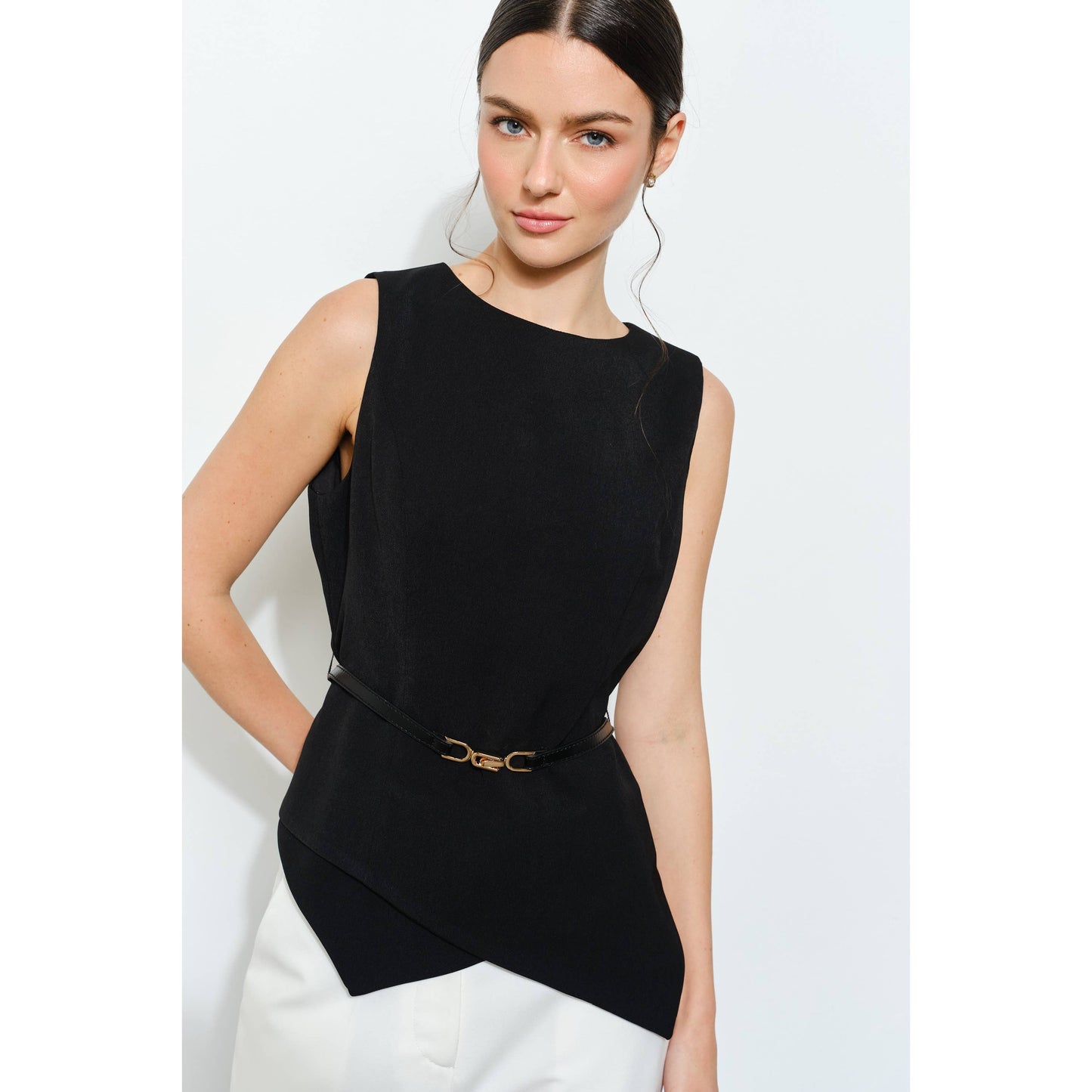 Luxe Belted Asymmetric Hem Sleeveless Blouse Top: BLACK