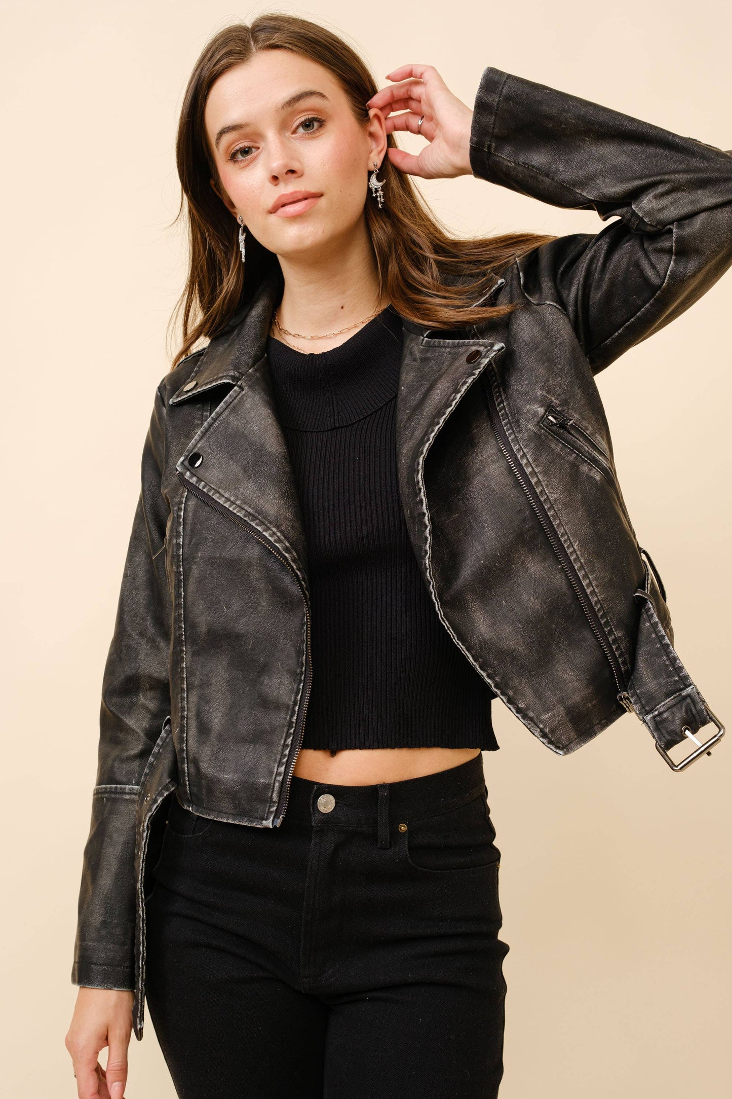 Washed Leather Moto Jacket: WASHED BLACK / S