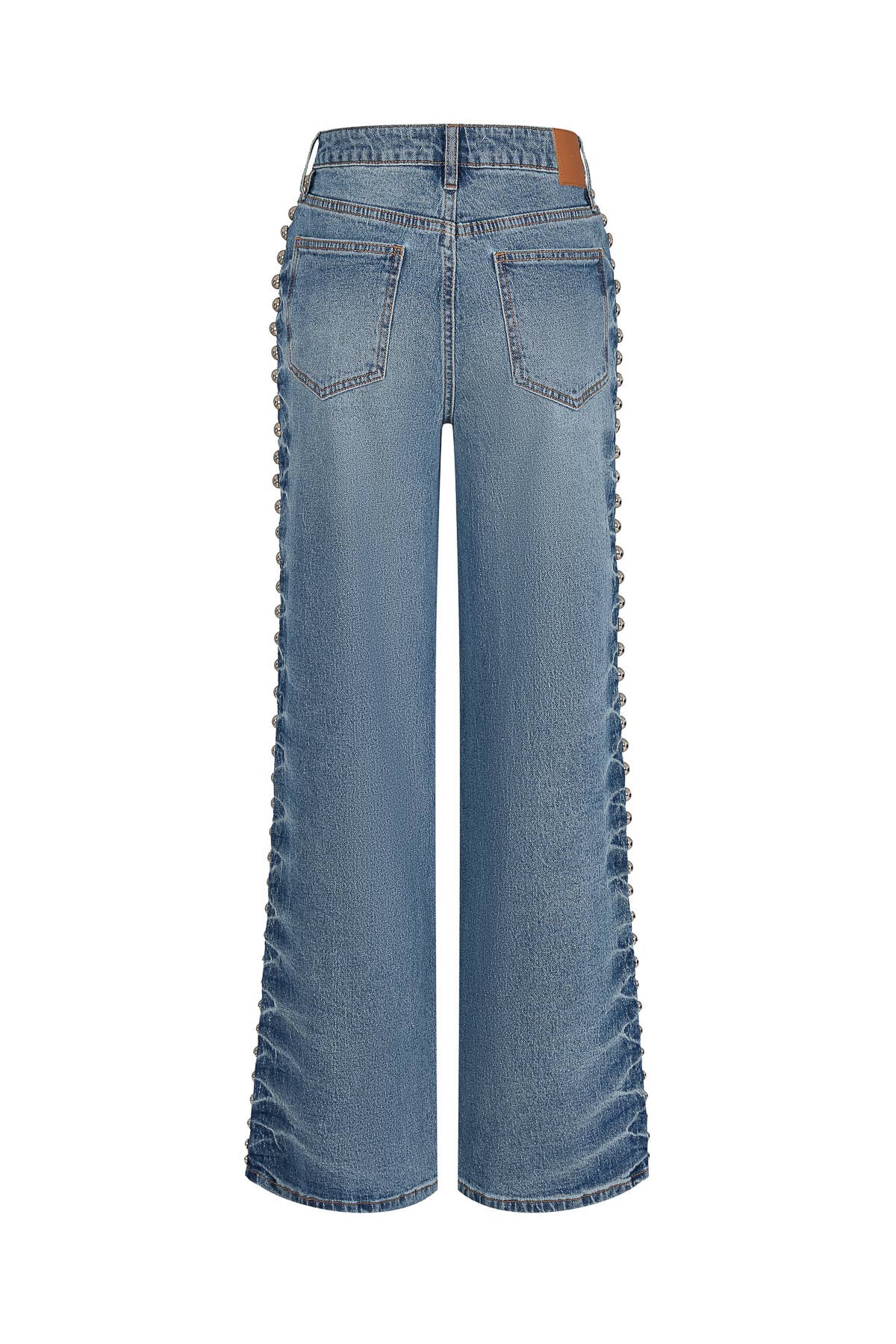 Light blue wide-leg denim jeans shown from the back, featuring decorative ruffle trim running down the outer sides of the legs.