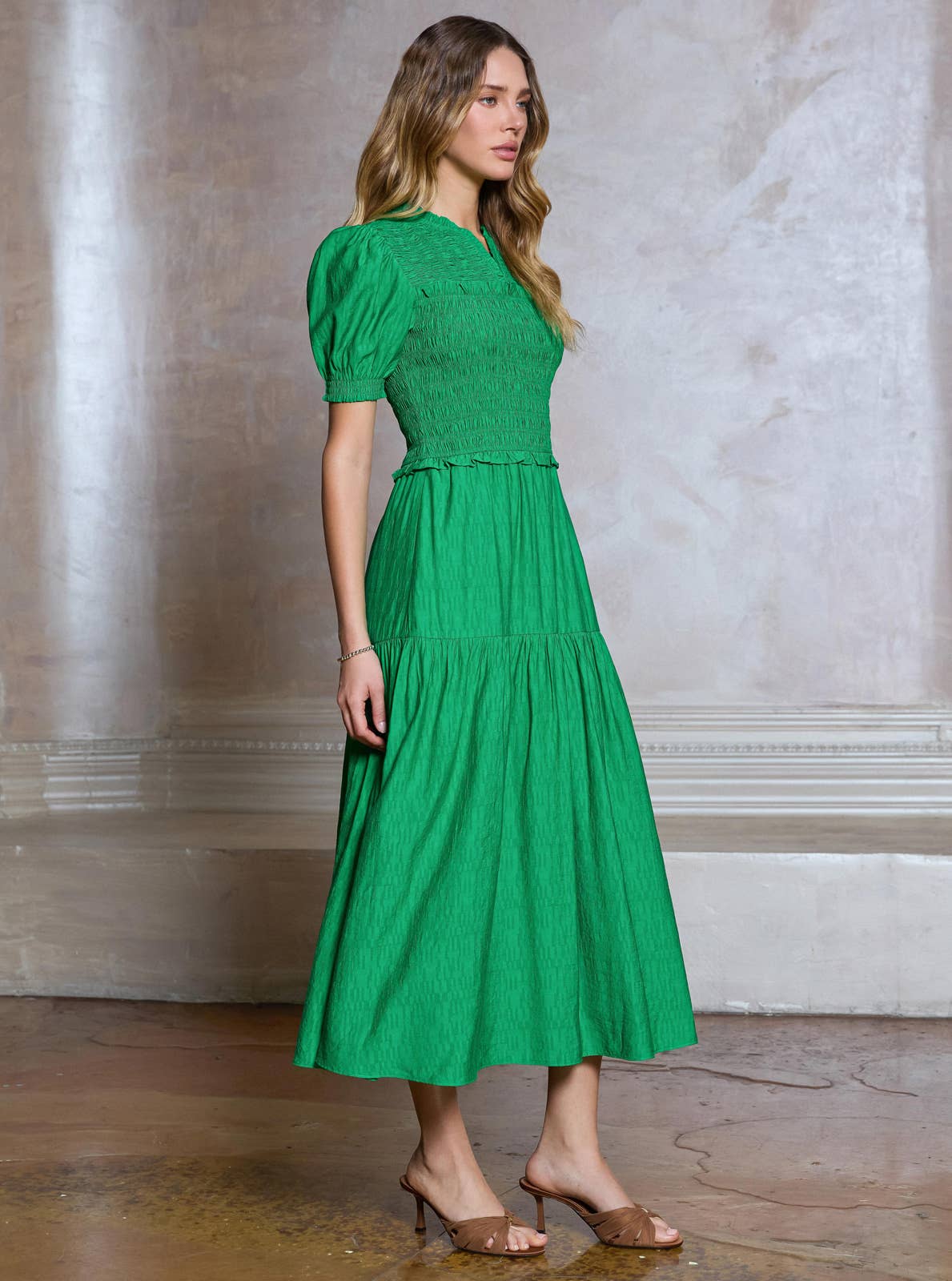 Smocked Short Sleeve Tiered Midi Dress: Spring Green