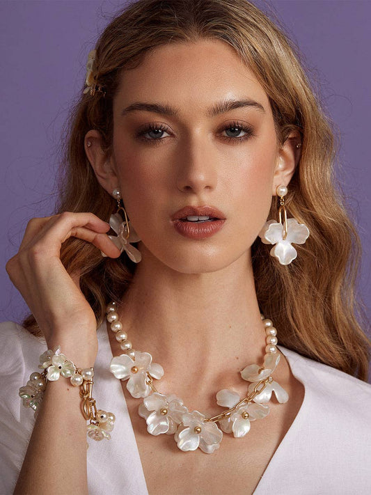 Pearl Strand Necklace with Floral Centerpiece | Elegant Pearl Statement Necklace