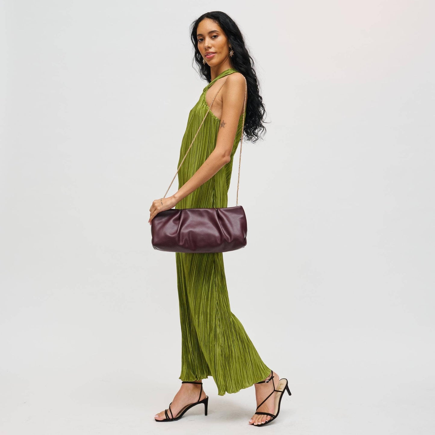 Pleated Vegan Leather Frame Clutch: Red