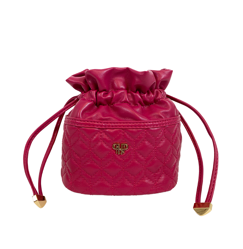 Pink quilted drawstring bag with a brand logo on a white background