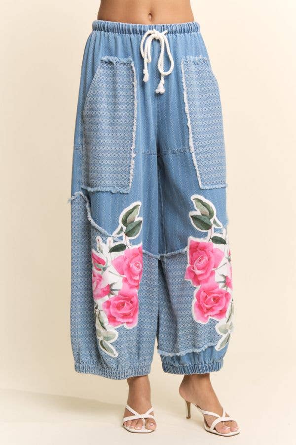 Floral Patchwork Denim Pants for Women | Drawstring Waist Jeans
