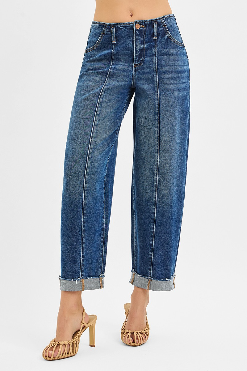 RISEN High Rise Front Seam Barrel Jeans – Dark Wash