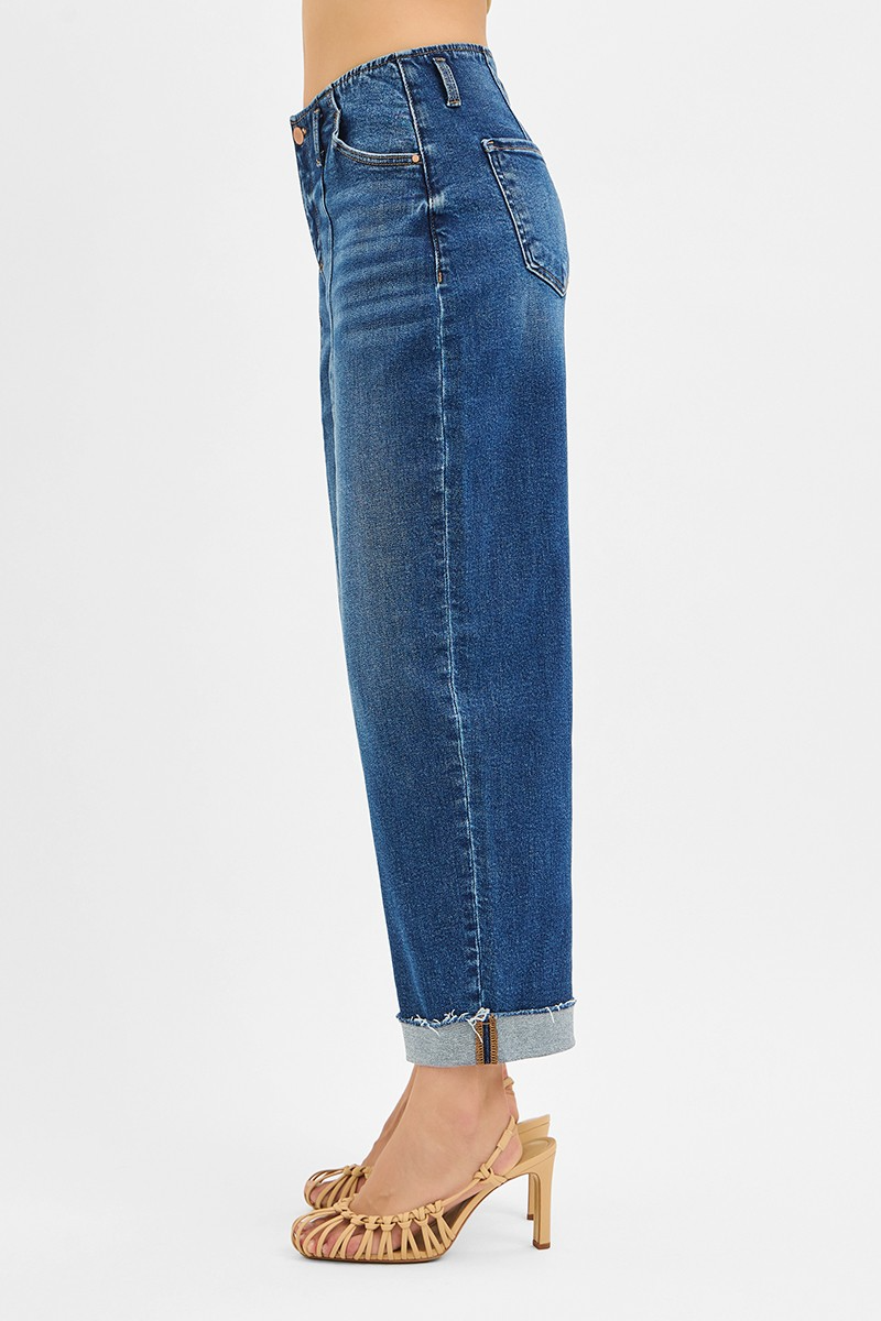 RISEN High Rise Front Seam Barrel Jeans – Dark Wash