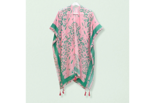 Pink & Green Leopard Print Tassel Kimono