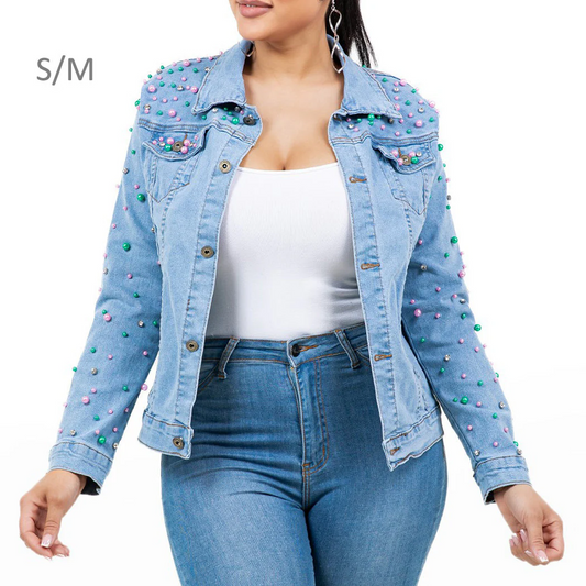 Studded Pearl & Crystal Embellished Denim Jacket – Light Wash S/M