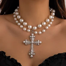 Double-Strand Pearl Necklace with Crystal Cross Pendant – Statement Jewelry
