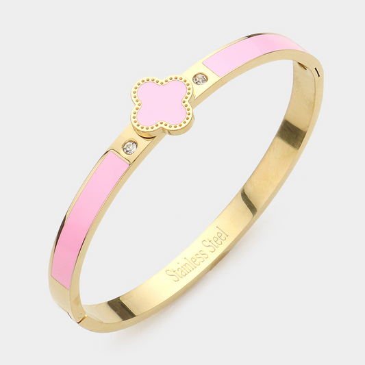Women’s Pink Clover Bracelet –Stainless Steel Bangle with Enamel & Sparkle Accents