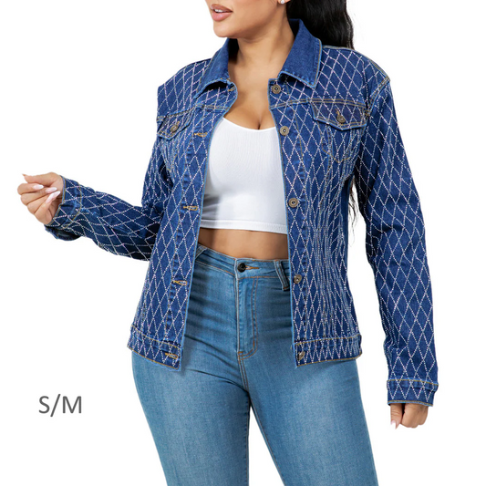 Crystal Embellished Waffle Pattern Denim Jacket – Women’s S/M