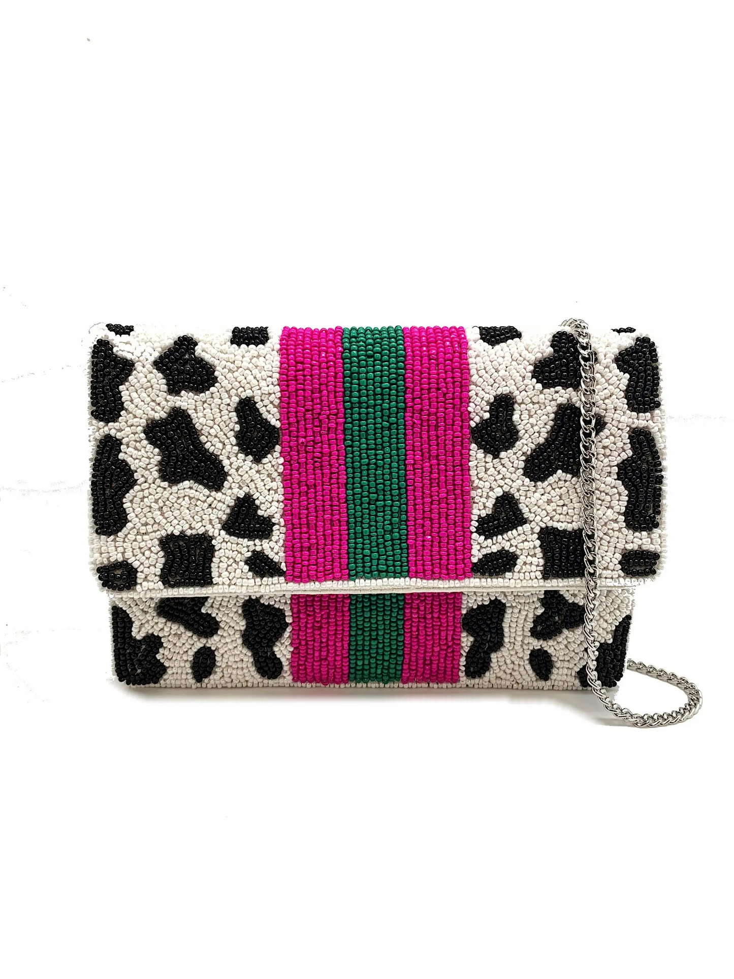 Cow Print Beaded Clutch with Pink and Green Stripe